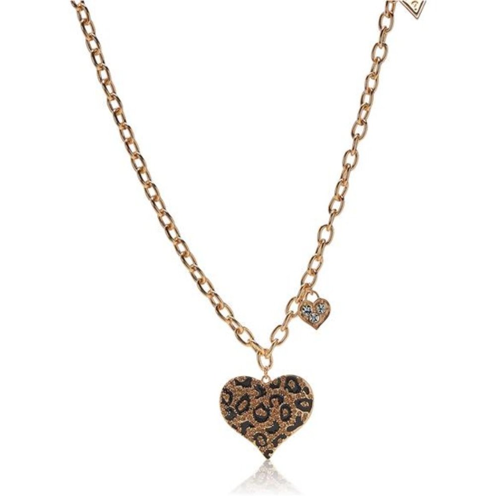 GUESS "Basic" Gold Cheetah Heart Pendant Necklace 16" + 1" Extender